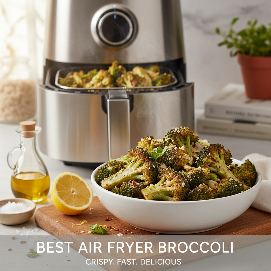 Crispy golden air fryer broccoli florets on a white plate with lemon wedges