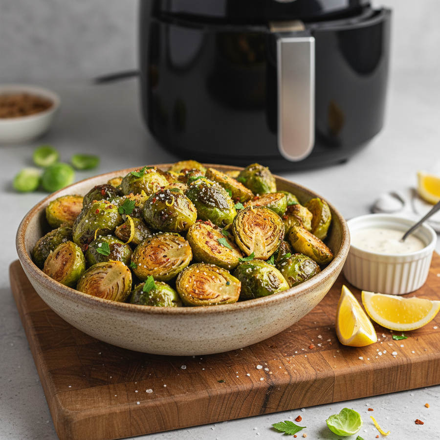 Golden crispy air fryer Brussels sprouts with caramelized edges on a white plate