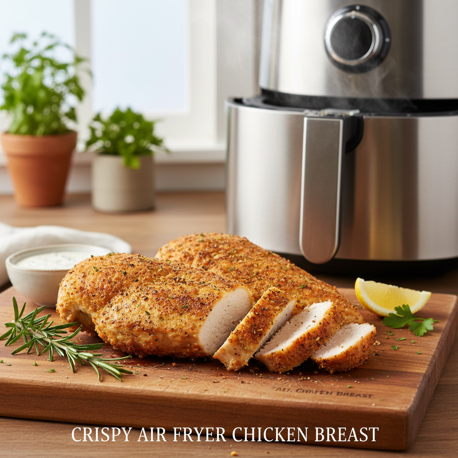 Golden brown air fryer chicken breast sliced on a cutting board showing juicy interior