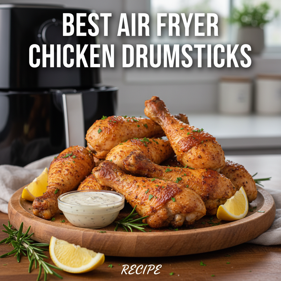 Golden crispy air fryer chicken drumsticks arranged on a plate with herbs