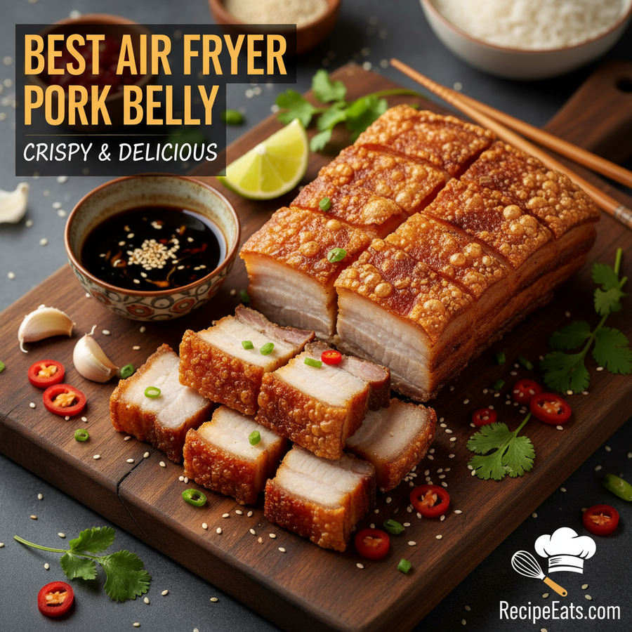 Crispy golden air fryer pork belly with perfectly crackling skin sliced on cutting board