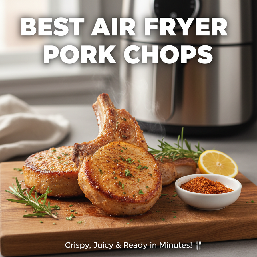 Golden brown air fryer pork chops with crispy exterior on a plate with herbs