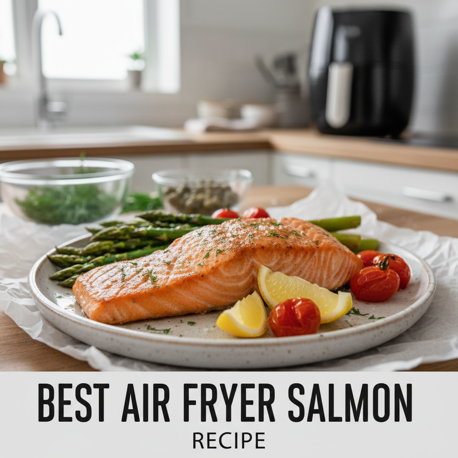 Perfectly cooked air fryer salmon fillet with crispy skin and herbs on a plate