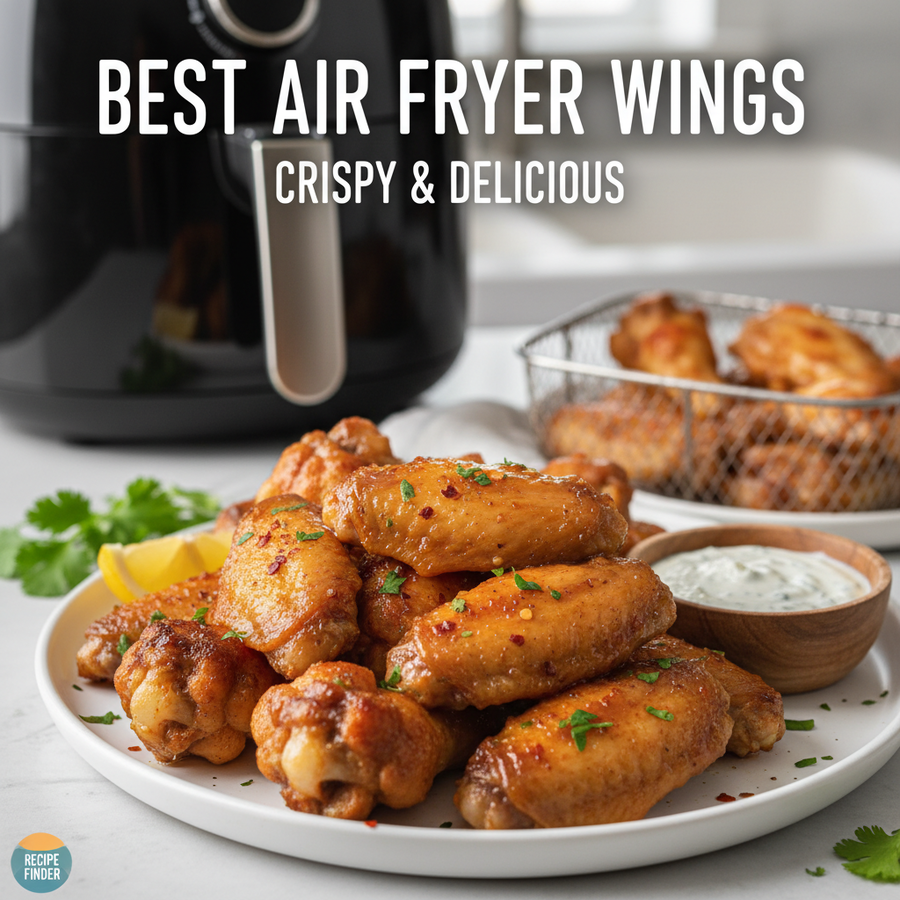 Golden crispy air fryer chicken wings on a plate with dipping sauce