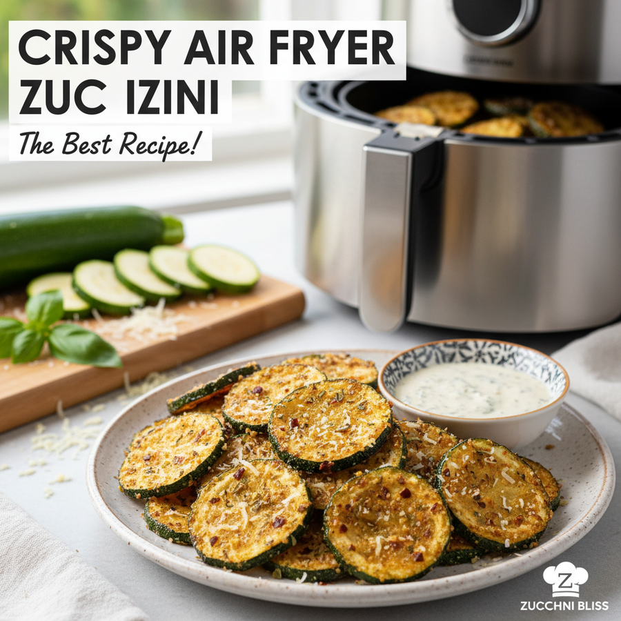 Golden crispy air fryer zucchini spears on a plate with herbs and dipping sauce